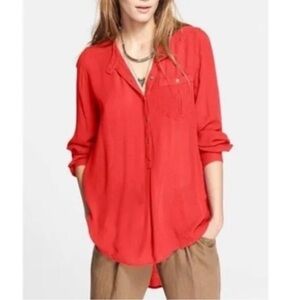 Free People Red Gauze Oversize Boyfriend Button-Down Shirt